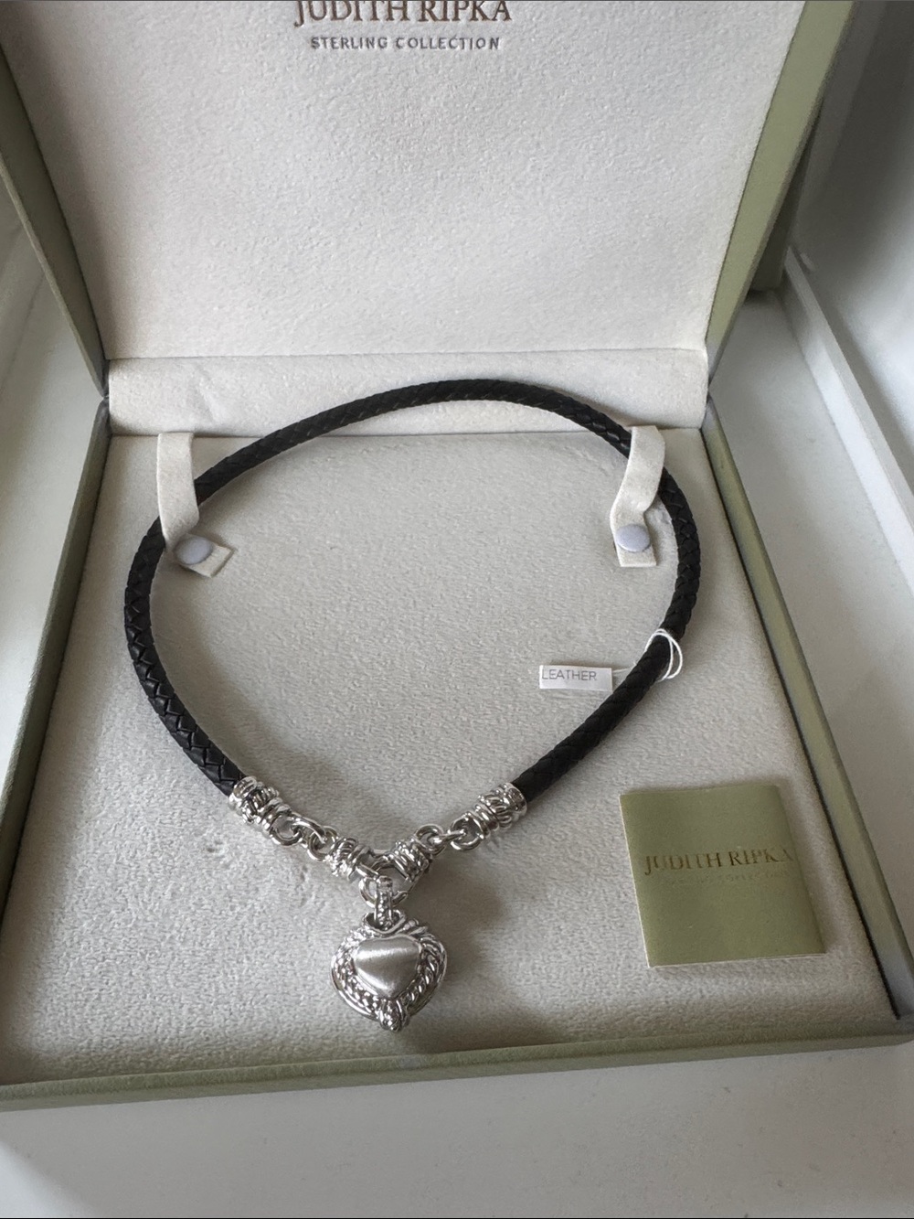 Judith Ripka Black Braided Leather Necklace with Sterling Heart Diamonique Charm